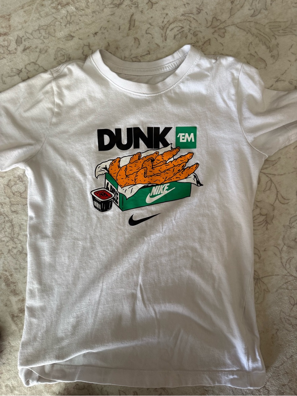 Nike White 'Dunk 'Em' Graphic Short Sleeve Tee with Orange & Green Accents